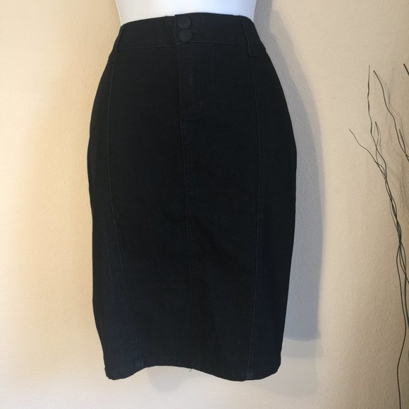 Boom Boom Jeans black denim pencil skirt triple kick pleat button detail size M - Picture 1 of 10